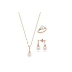 Burgulu Zirkon Taşlı Doğal İnci Küpe Kolye Yüzük Üçlü Set (Rose)