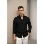 Bürke Keten Dokulu Siyah Yarım Oversize Yazlık Erkek Gömlek - 2XL
