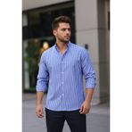Bürke Uzun Kollu Beyaz Renk Mavi Çizgili Yarım Oversize Erkek Gömlek