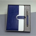 Büro Ev Ofis Hediyesi için Mavi Beyaz Deri Kapaklı Defter Metal Kalem Seti