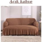 Bürümcük 3 Kişilik Koltuk Örtüsü. Etekli Streç Esnek Lastikli Çekyat Kanepe Kılıfı - 180 x 230 cm - Açık Kahverengi