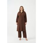 Bürümcük Kumaş Gömlek Yaka Tunik Takım Boydan Düğmeli Tesettüre Uygun Büyük Beden-Kahverengi-3XL