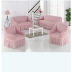 Bürümcük Pamuklu Koltuk Kanepe Örtüsü Takımı Lastikli Etekli Koltuk Kanepe Kılıfı 3+3+1+1 - 180 x 230 cm - Pudra
