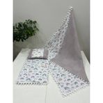 Buse Baby Home Poplin Kumaş ve Ponponlu Alt Açma , Yastık ve Battaniye 3'lü Set - Lavanta Rengi - 100 x 100