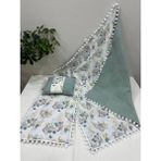Buse Baby Home Poplin Kumaş ve Ponponlu Alt Açma , Yastık ve Battaniye 3'lü Set - Yeşil