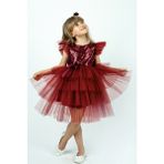 Buse & Eylül Bebe Bordo Pullu Kız Çocuk Parti Elbisesi - 5 Yaş