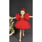 Buse & Eylül Bebe Kırmızı Ponpon Kollu Pullu Kız Çocuk Abiye - 7 Yaş