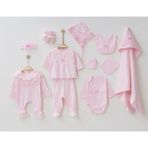 Buse & Eylül Bebe Pembe Güpürlü 10 Parça Kız Bebek Hastane Çıkışı Takımı - 0 - 3 Ay