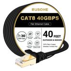 BUSOHE Cat 8 Ethernet Kablosu 40 FT, 40Gbps 2000MHz Cat8 Yüksek Hızlı Düz İnternet Ağ Yama Kablosu, Altın Kaplama RJ45 Konnektörlü SFTP Korumalı LAN Kablosu, Klipsli, Dış Mekan İç Mekan - 40FT Siyah