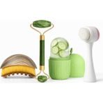 Busstier Cool&clean 4’lü Set: Silikon Buz Rulosu, Çift Taraflı Yüz Fırçası, Jade Roller, Lenf Fırça