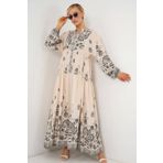 Butik 2423 Otantik Desenli Tesettür Elbise - Siyah - Krem
