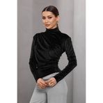 Butik Beyza Kadın Siyah Kadife Taş Detaylı Drapeli Uzun Kollu Bluz
