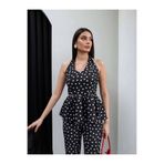 Butik Beyza Siyah Beyaz Puantiyeli Halter Yaka Volanlı Bluz Pantolon Takım Şık Yazlık Kombin