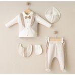 Butik Erkek Bebek %100 Pamuklu - Antialerjik Organik Kumaş Yenidoğan Hastane Çıkışı Zıbın Seti 5 Parça - 0 - 3 Ay - Ekru
