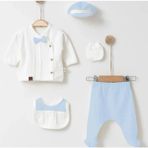 Butik Erkek Bebek %100 Pamuklu - Antialerjik Organik Kumaş Yenidoğan Hastane Çıkışı Zıbın Seti 5 Parça - 0 - 3 Ay - Mavi
