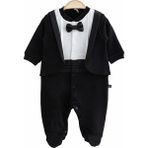 Butik Erkek Bebek %100 Pamuklu Smokin Çıkarilabilir Papyon Detaylı - Siyah - Yenidoğan