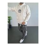 Butik Erkek Oversize Üç İplik Kapüşonlu Sweatshirt – Beyaz Ön Baskılı, Kanguru Cepli, Rahat Kalıp, İçi Pam