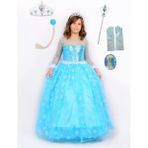 Butik Happy Kids Prenses Elsa Kostümü Uzun Kollu Elsa Kostümü +Taç+Asa+Saç+Eldiven+Rozet 6 Lı Set - 3 - 4 Yaş - Mavi