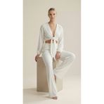Butik Kadın Beyaz Bürümcük Dokulu Bağlamalı Crop Bluz Yüksek Bel Astarlı Bol Paça Pantolon Alt Üst Takım