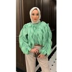 Butik Kadın Fırfırlı Astarlı Yazlık Şifon Saten Yeşil Bluz