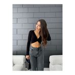 Butik kadın siyah crop uzun kollu v yaka bükümlü şık günlük gece parti davet kışlık siyah uzun kollu bluz
