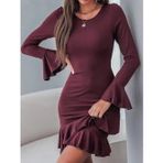 Butik Kadın Uzun Kollu Yuvarlak Yaka Fırfırlı Kol Ucu Volanlı Janjan Krep Mini Elbise