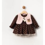 Butik Kız Bebek Polar Yelekli Pamuklu Puantiyeli Elbise Özel Tasarım Pamuk Astarlı - 6 - 9 Ay - Kahverengi - Pembe