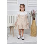 Butik Kız Çocuk Çiçek Desenli Büyük Fistolu Yaka Elbise – Uzun Kollu Pamuklu Günlük Şık Elbise - 7 - 8 Yaş - Turuncu