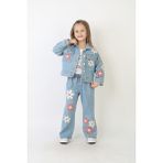 Butik Kız Çocuk Papatya Nakışlı Kot Ceket ve Pantolon Takım - Mavi - 5 - 6 Yaş
