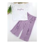 Butik Kız Çocuk Yazlık Lila İkili Takım Pantolon Fitilli Kumaş Tişort Kollar Fırfırlı