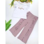 Butik Kız Çocuk Yazlık Mor Ikili Takım Pantolon Fitilli Kumaş Tişort Kollar Fırfırlı - 4 - 5 Yaş - Beyaz - Mor