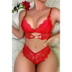 Butik LUKXx-LUXIM-12152-X Kadın Kırmızı Kalp Tokalı Çapraz Lastik Detaylı Dantel İç Çamaşır Takımı