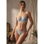 Butik Mavi Çiçek Desenli Brode İşlemeli Balenli Tül Sütyen & Tanga Takımı