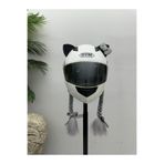 Butik Motor & Motosiklet Gri Simli Çift Örgü Saç ve Hologram Fiyonklu Kedi Kulak Set Kask Dış Aksesuarı