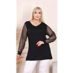Butik Nilyam Kadın Büyük Beden Kolları Tüllü V Yaka Likralı Bluz Siyah