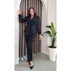 Butik Nilyam Kadın Büyük Beden Kruvaze Yaka Şifon Balon Kol İnci Detaylı Bluz Pantolon Abiye Takım Siyah 25010