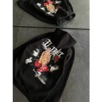 Butik Üç İplik Penye Uzun Kol Kapşonlu Baskılı SweatShirt - Siyah