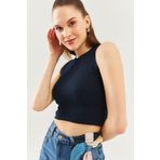Butikgiz Lacivert Sıfır Kol Bisiklet Yaka Vucuda Oturan %100 Pamuklu Kaşkorse Esnek Crop Bluz