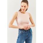Butikgiz Pudra Sıfır Kol Bisiklet Yaka Vucuda Oturan %100 Pamuklu Kaşkorse Esnek Crop Bluz