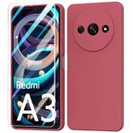 BUTISHIYU Xiaomi Redmi A3 4G 2024 ile uyumlu cep telefonu kılıfı, silikon kılıf + koruyucu folyo, ince yumuşak TPU koruyucu kılıf Xiaomi Redmi A3 4G için koruma - şarap kırmızısı