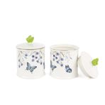 Butterfly Lovers 2'li Kavanoz Seti, 14cm, Porselen, Kelebek ve Çiçek Desenli, Yeşil Kelebek Kulplu Kapak