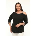 Büyük Beden Asimetrik Tek Omuz Leopar Bant Leopar Kol Ucu Detaylı Bluz, Siyah Leopar, 46-48