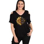 Büyük Beden Be The Sunshine Baskılı Omuzu V Pencere Kısa Kol Bluz