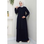 Büyük Beden Boncuklu Taşlı Anne Elbisesi Lacivert HM2693 - 44