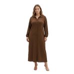 Büyük Beden Bürümcük Kumaş Uzun Elbise – Gömlek Yaka, Boydan Düğmeli-Kahverengi-3XL