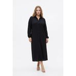 Büyük Beden Bürümcük Kumaş Uzun Elbise – Gömlek Yaka, Boydan Düğmeli-Siyah-2XL