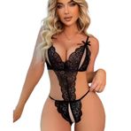 Büyük Beden Dantel Detaylı Tül Babydoll Gecelik, Transparan, Seksi İç Giyim (Siyah, XL)
