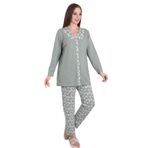Büyük Beden Kadın Çiçek Desenli Düğmeli Rahat Kalıp Pijama Takımı – Polyamid Viskon Kumaş Haki 46