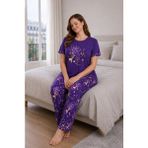 Büyük Beden Kadın Kısa Kollu Pijama Takımı Mor, Çiçek Desenli Rahat Kalıp Yumuşak Kumaş Ev Giyim - 50