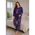 Büyük Beden Kadın Kısa Kollu Pijama Takımı Mor, Çiçek Desenli Rahat Kalıp Yumuşak Kumaş Ev Giyim - 56